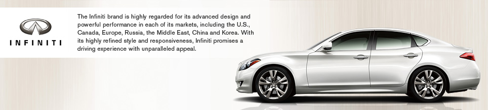 The Infiniti brand is highly regarded for its advanced design and powerful performance in each of its markets, including the U.S., Canada, Europe, Russia, the Middle East, China and Korea. With its highly refined style and responsiveness, Infiniti promises a driving experience with unparalleled appeal.