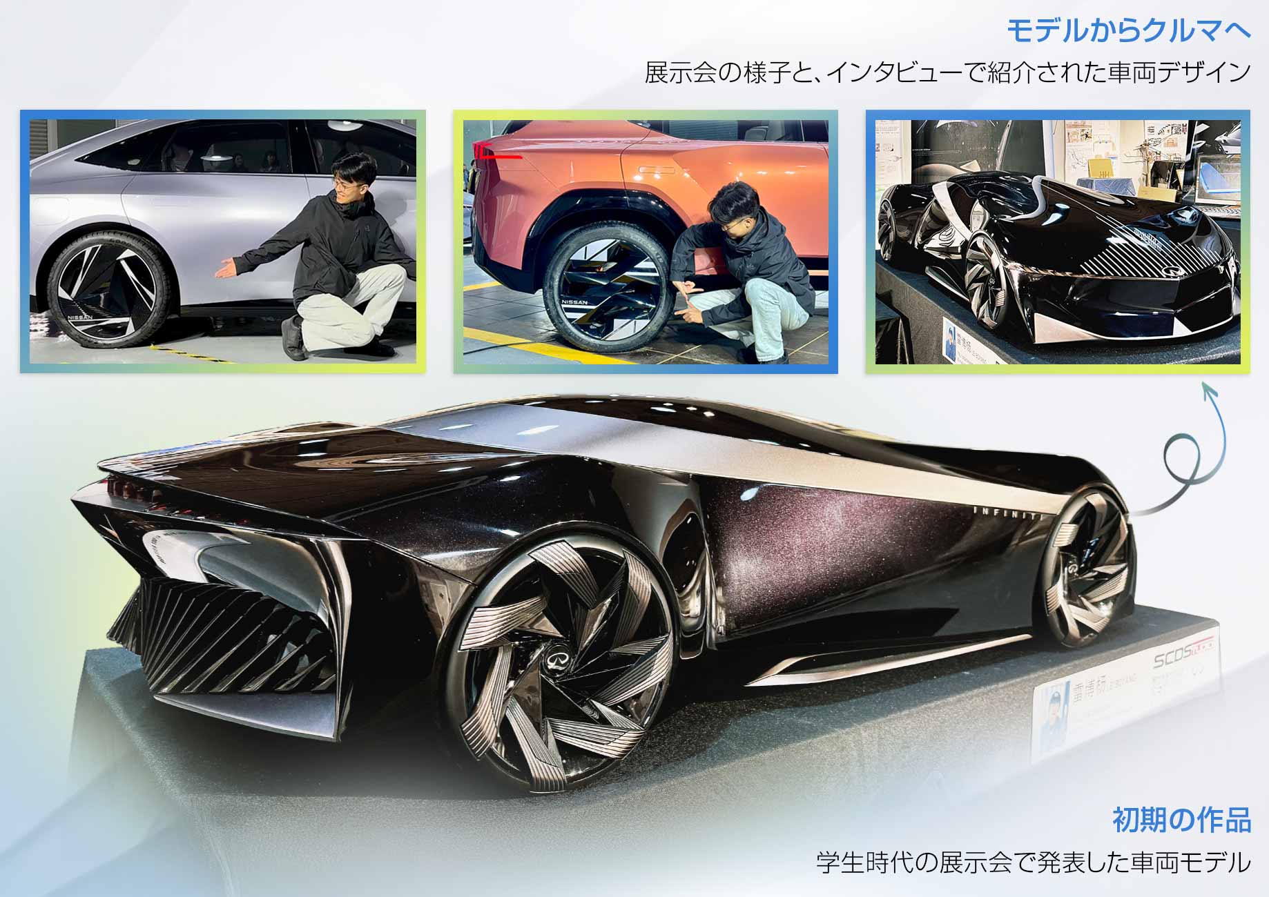 展示会の様子と、インタビューで紹介された車両デザイン