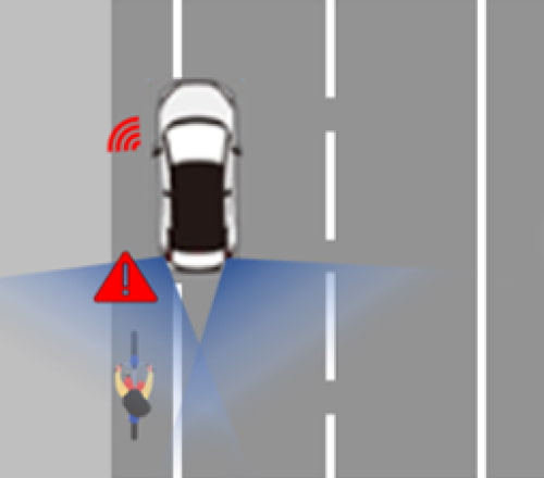 斜め後方の自転車を検知すると警報が鳴る様子